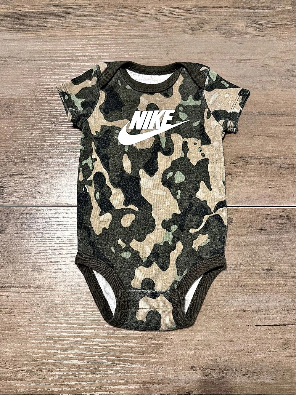 Nike Green Camouflage Swoosh Baby Onesie- Size 0-6 Months